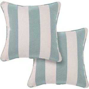 Outdoor Throw Pillow with Insert 18x18 Inch, Set of 2, Piping Edge Waterproof Fade Resistant Decorative Fluffy Pillows for Patio Furniture Chair Bench Couch Sofa - Teal Ivory Striped
