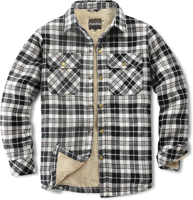 Men's Sherpa Lined Cotton Flannel Shirt Jacket Plaid Button Up Jacket Coat for Men with Pocket S