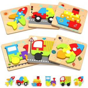 Yetonamr Wooden Toddler Puzzles Gifts Toys for 1 2 3 Years Old Boys Girls, 6 Vehicle Shape Montessori Toys Educational Blocks Kids Gift Baby Learning Toy Age 1-3, 2-4