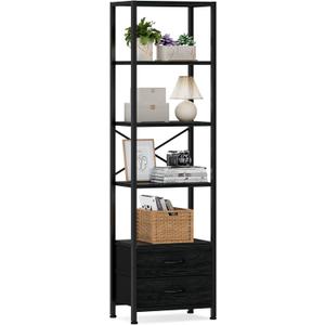 Furnulem 5-Tier Corner Shelf, Narrow Bookshelf with 2 Storage Drawers, 65.16" Tall Bookcase, Standing Shelf Organizer Unit for Living Room, Bedroom, Metal Frame, Wood Display Shelf(Black Oak)