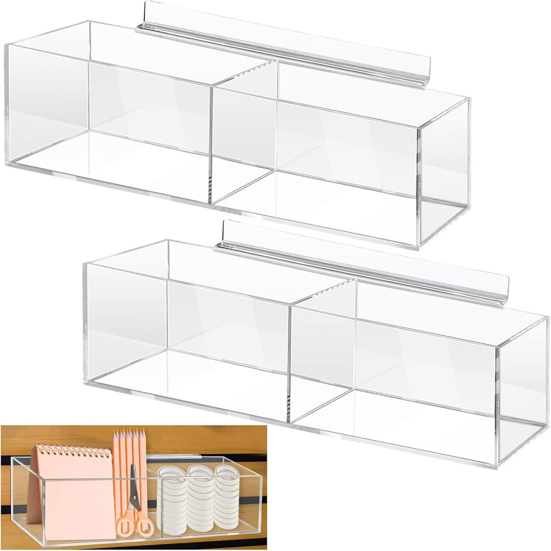 Teenyyou 2 Pcs Acrylic Slatwall Bins 16 x 4 x 4 Inch Transparent Storage Organizers Slatwall Retail Display Trays Accessories for Garage Shop Retail Display(2 Compartments)