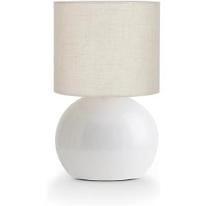 Modern White Small Table Lamp with Cotton Linen Shade, 10.4-inch LED Desk Light, One-Button Switch for Bedroom, Living Room, Nightstand, Includes Warm Light Bulb