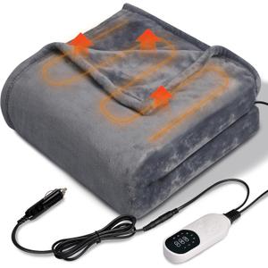 12V Heated Car Blanket Flannel Gentle Soft with 3 Time 9 Heating Settings Portable Electric Automobile Heating Throw Warm Gifts for Winter SUV RV Camping Essentials 59x39