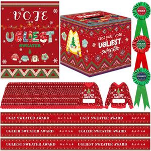 Tenceur 68 Pcs Ugly Sweater Party Voting Cards Sets with Ugly Sweater Contest Ballot Box, 60 Voting Cards, 3 Sweater Award Sashes, 3 Small Badges for Xmas Decorations Holiday Christmas Party Supplies