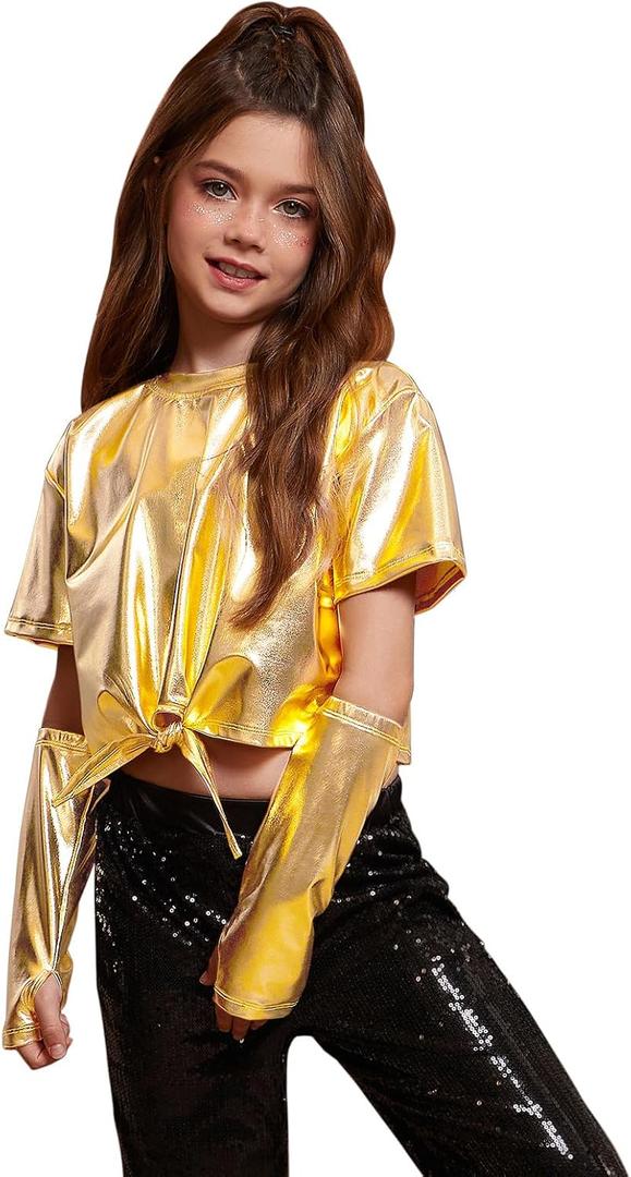 Perfashion Girls Metallic Shirts Shiny Tie Front Knot Crop Top with Arm Sleeves for Dancing Raves Festivals (10-11 Years, Gold-258)