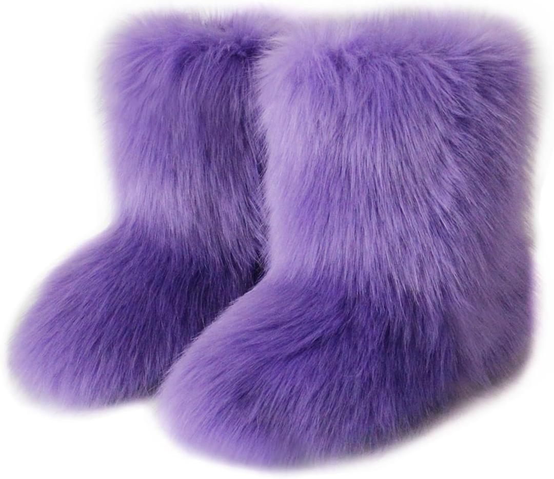 QMFUR Women's Furry Faux Fur Boots Fuzzy Fluffy Mid Calf Snow Boots Suede Warm Fur Lined Booties Flat Fashion Boots (8, Purple)