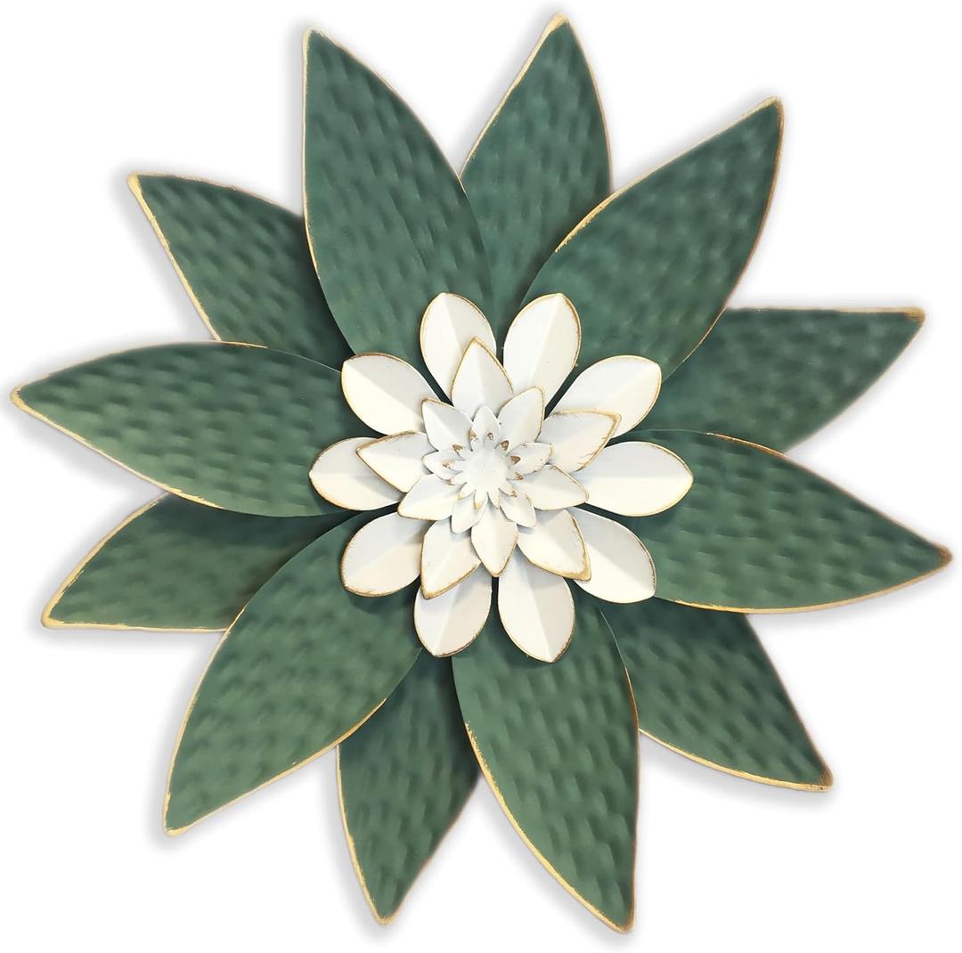 Metal Flower Wall Art Decor,10" Rustic Modern Antique Floral Sculpture, Distressed Iron Wall Hanging Home Decoration Accent Artworks for Indoor Kitchen Bedroom Living Office Outdoor Garden Patio (38B-Green)