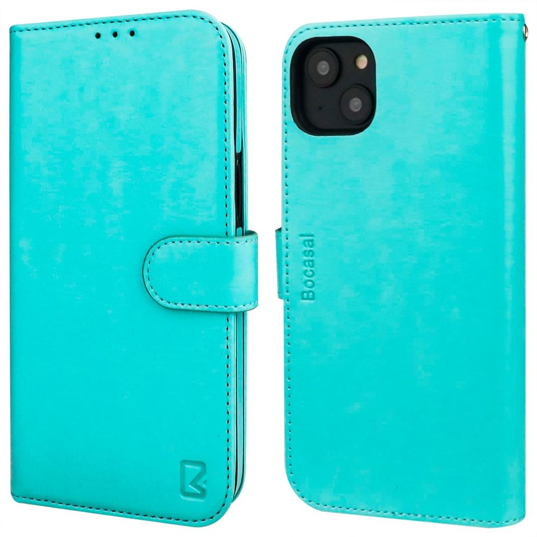 Bocasal Wallet Case for iPhone 14 Plus, RFID Blocking Magnetic Flip Case with Card Slots Holder Kickstand Wrist Strap, PU Leather Folio Shockproof Protective Cover 6.7 Inch (Light Blue)