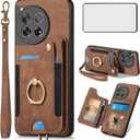 Asuwish Phone Case for OnePlus 12 5G Wallet Cover with Tempered Glass Screen Protector and Wrist Strap Lanyard RFID Credit Card Holder Ring Stand Cell Accessories One+ 1plus12 2024 Women Men Brown