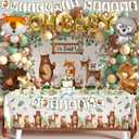 BORAMDO Woodland Animals Baby Shower Decoration Pack Forest Animal Neutral Gender Reveal Party Supplies Woodland Themed Birthday Party Ideas Set 106 Pcs Backdrop, Tablecloth, Cake Toppers, Balloons