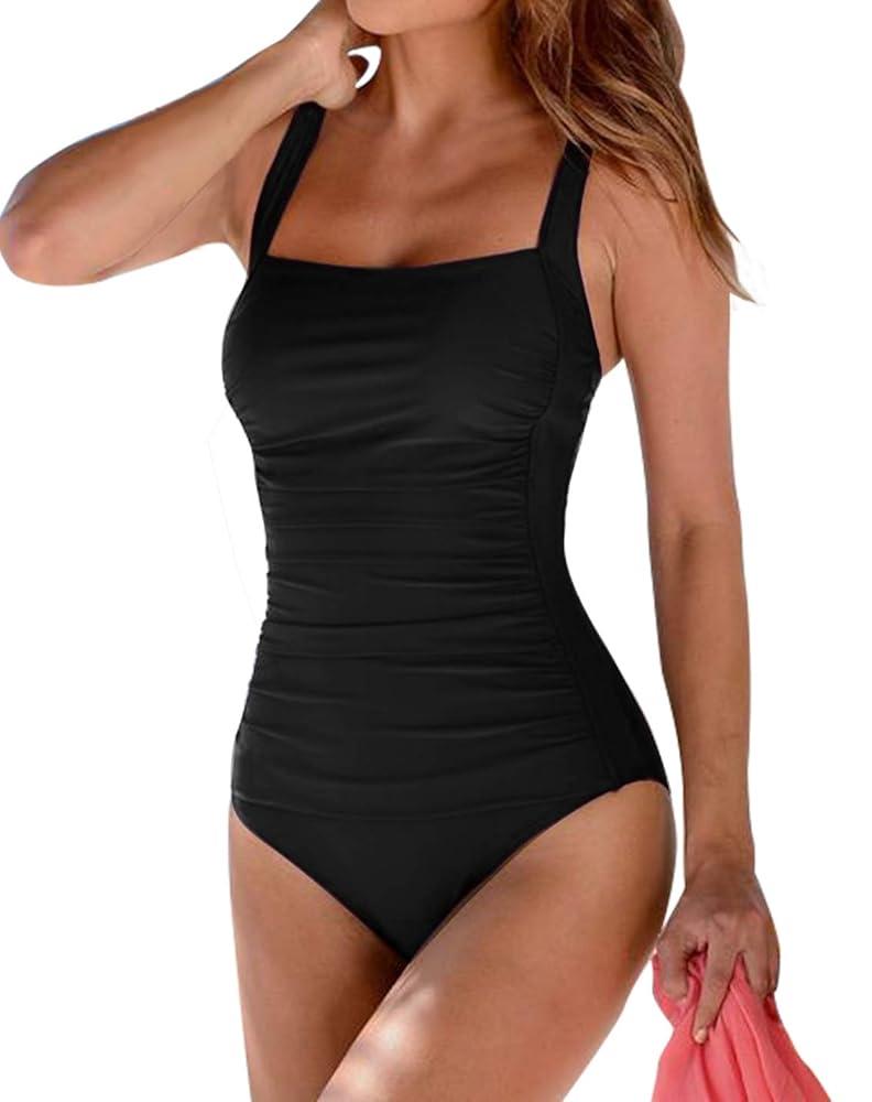Upopby Women's Vintage Padded Push up One Piece Swimsuits Tummy Control Bathing Suits Plus Size Swimwear, Size 6
