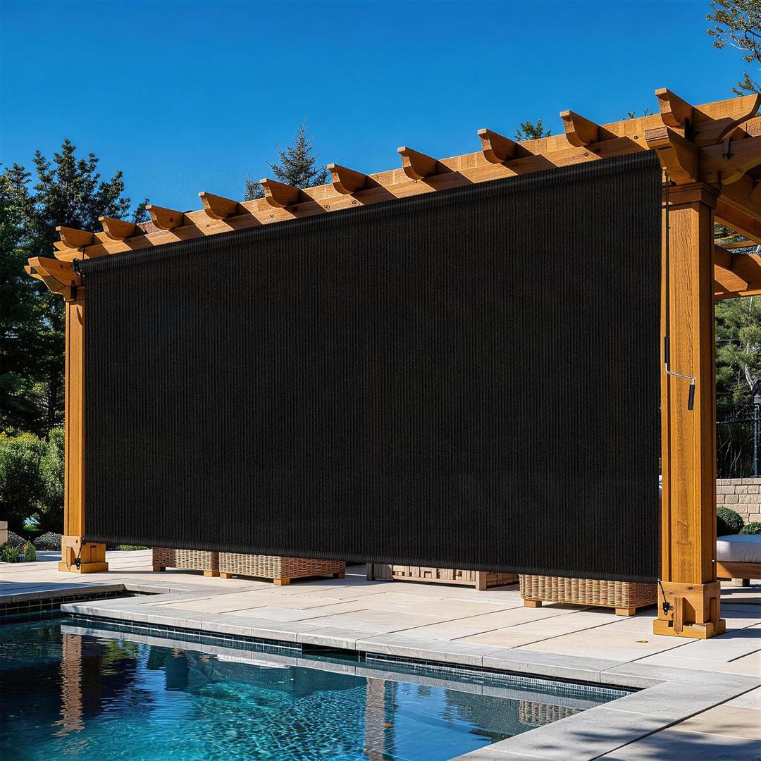 Outdoor Roller Shades for Patio 10'Wx8'H Black, 90% UV Block & Privacy Protection Outdoor Blinds, Cordless Porch Shades Outdoor Roll Up with Splicing Design 20-Min Install