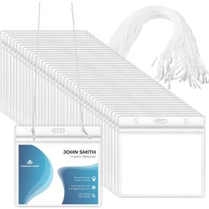 Eaasty 200 Pack Name Badge Holders Neck Tag Holder Lanyard with String 3 x 4 Inches Clear Name Tag Lanyard Style Badges with Labels Waterproof for Meeting Seminar Show Event and Conference