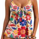 Aleumdr Women's Tankini Swimsuits Tummy Control Two Piece Bathing Suit V Neck Tie Front Flowy Swim Top with Bottom (White, XL)
