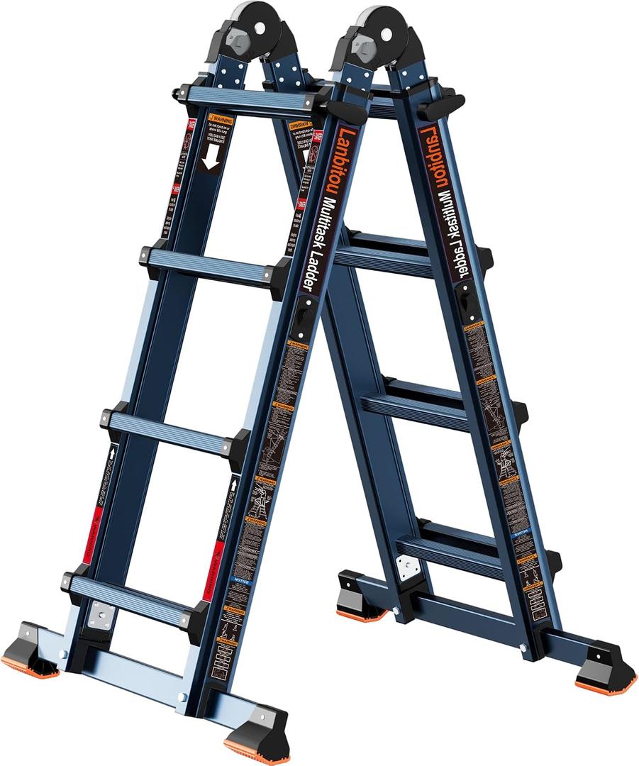 LANBITOU Ladder, A Frame 4 Step Ladder Extension, 14 FT Anti-Slip Multi Position Ladder, Storage Folding Ladder, 300 lbs Security Load Telescoping Aluminum Ladders for Stairs Home Indoor Outdoor Roof