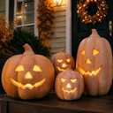Fall Decor - Halloween Decor - Handmade Terracotta Pumpkin Jack O' Lantern with Flameless Candle - Vintage Autumn Farmhouse Table Decorations for Home Indoor Outdoor Porch Mantel (Large)