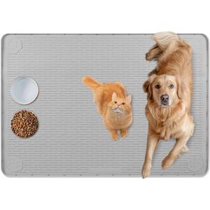 Cat Food Mat, 34" x 22" Large Silicone Pet Feeding Mat for Food and Water Bowls Non-Slip, Easy to Clean (Light Grey)