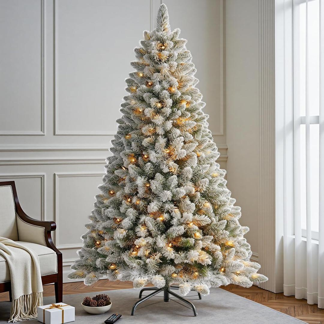 6 FT Prelit Snow Flocked Christmas Tree, Artificial Spruce Christmas Tree with 250 Warm White LED Lights, 600 PVC Branch Tips, Easy Assembly/Metal Stand/Hinged Branches Decoration