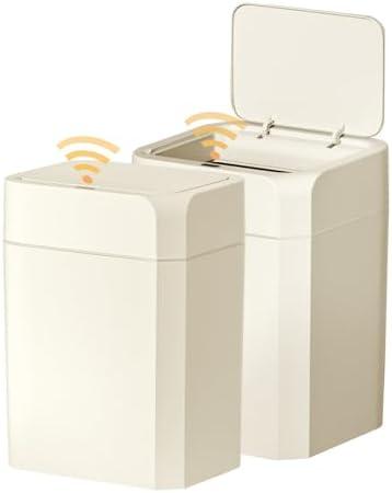 ELPHECO 2 Pack 3.5 Gallon Bathroom Garbage Can with Lid Motion Sensor Slim Garbage Can Bathroom Decor Waterproof Smart Small Garbage Bin for Kitchen, Office, Bedroom, Living Room, Toilet, Cream Beige