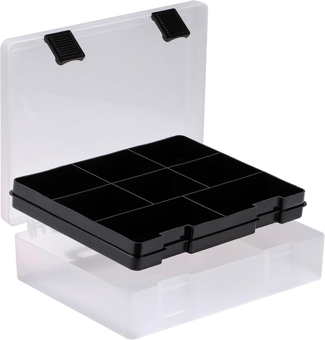 OffiXymeric Plastic Storage Bin with Clear Lid and Removable Tray, Perfect for Craft Supplies, Art Tools,Beads, Stackable Organizer with Portable Handle, Durable Design for Home or Office Use (Black)