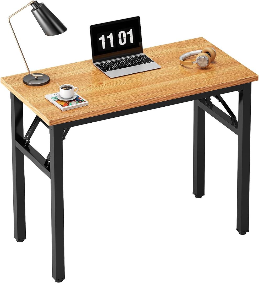 Need 31.5 Inch Folding Desk for Small Spaces, Home Office Computer Desk with Teak Wood Top & Black Frame, Foldable Writing Table for Study, Bedroom, Dorm Room & Student