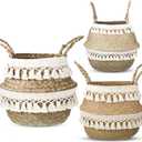 Wesiti 3 Set Seagrass Belly Basket Woven Plant Pot Holder Basket with Handles Tassels handmade Home Decor for Plant Storage Laundry Grocery, Small, Medium, Large