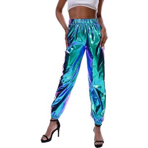 SIAEAMRG Womens Shiny Metallic High Waist Stretchy Jogger Pants, Wet Look Hip Hop Club Wear Holographic Trousers Sweatpant (S)