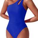 Women One Shoulder One Piece Swimsuit Tummy Control Bathing Suits Modest Full Coverage Cutout Swimwear (Medium, Royal Blue)
