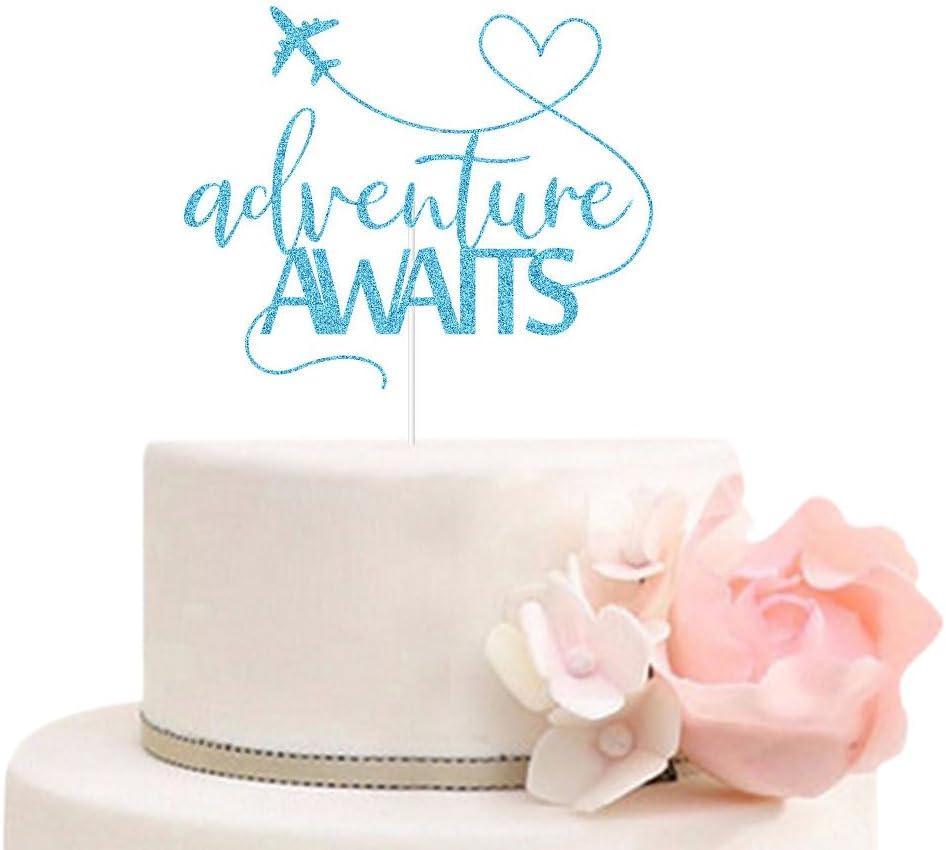 Adventure Awaits Cake Topper 2024 Graduation/Going Away/Retirement/Bon Voyage/Baby Shower/Moving Party/Travel Theme Party Decorations Supplies Blue Glitter