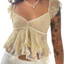 Women Lace Tank Top Cap Sleeve Vintage Floral Sheer Blouse (Small, Yellow)