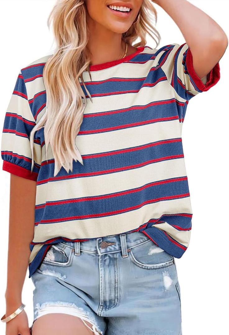 Womens Tops Casual Color Block Striped Short Sleeve Shirts Crewneck T Shirts Loose Basic Tee Blouses Blue White XL