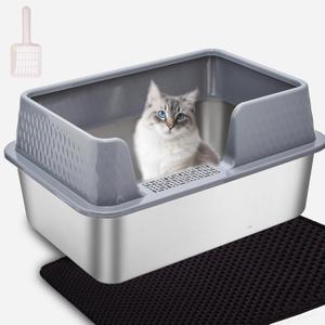 Large Stainless Steel Cat Litter Box with lid Cover Mats Scooper Small High Sided Enclosed Metal Kitty Litter Box for Kittens or Senior Cats with Grey Enclosure