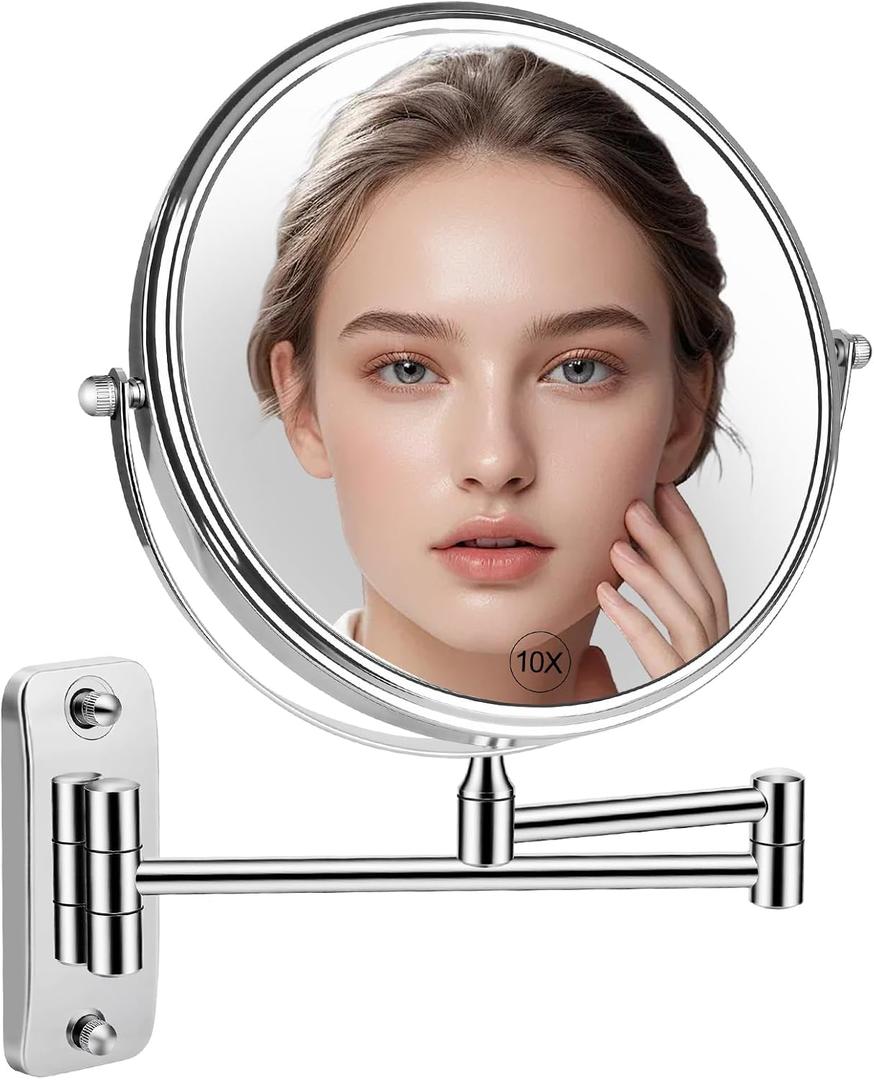 8'' Makeup Mirror Wall Mounted, Wall Mounted Makeup Mirror with 1X/10X Magnifying Mirror 360 Swivel Extendable Adjustable Arm Extendable Mirrors for Bathroom, Chrome (No Light)