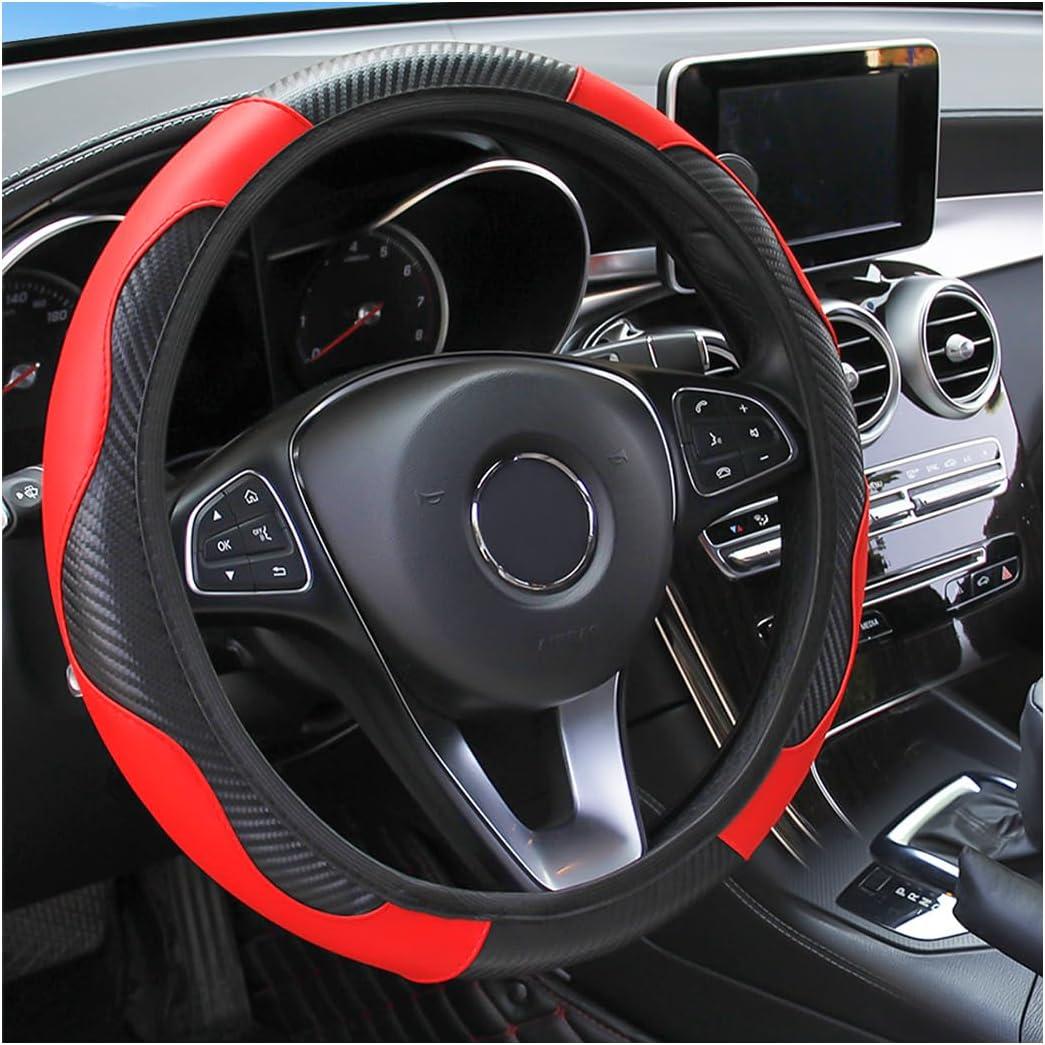Car Steering Wheel Cover, 15 inch Carbon Fiber Microfiber PU Leather Elastic Steering Wheel Protector for Men Women, Anti-Slip Breathable Car Interior Accessories for Most Cars (Red)