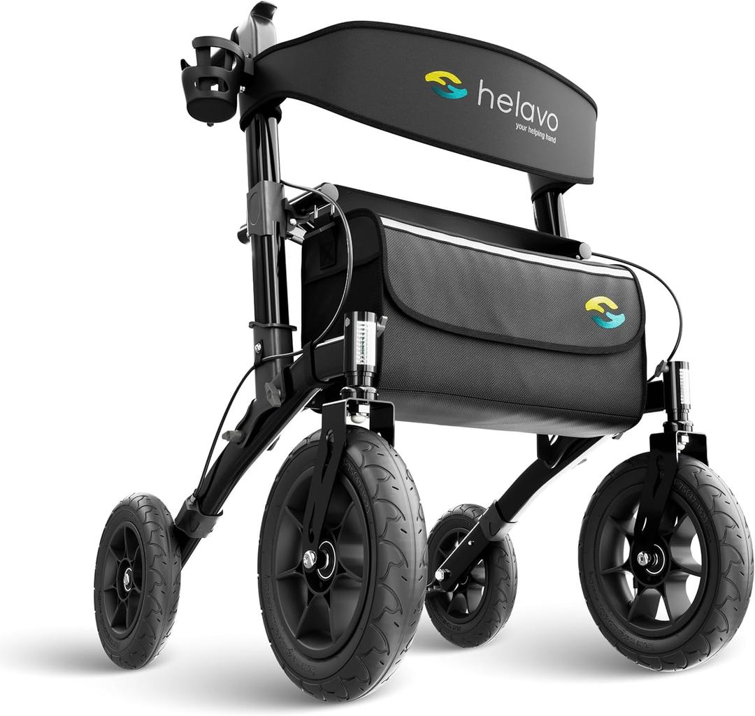 Helavo All Terrain Walker Rollator with 12 Pneumatic Tires  Foldable Outdoor Walkers for Seniors with Seat, Lightweight & Adjustable Height, Shock-Absorbing for Comfort on Any Surface (Black)