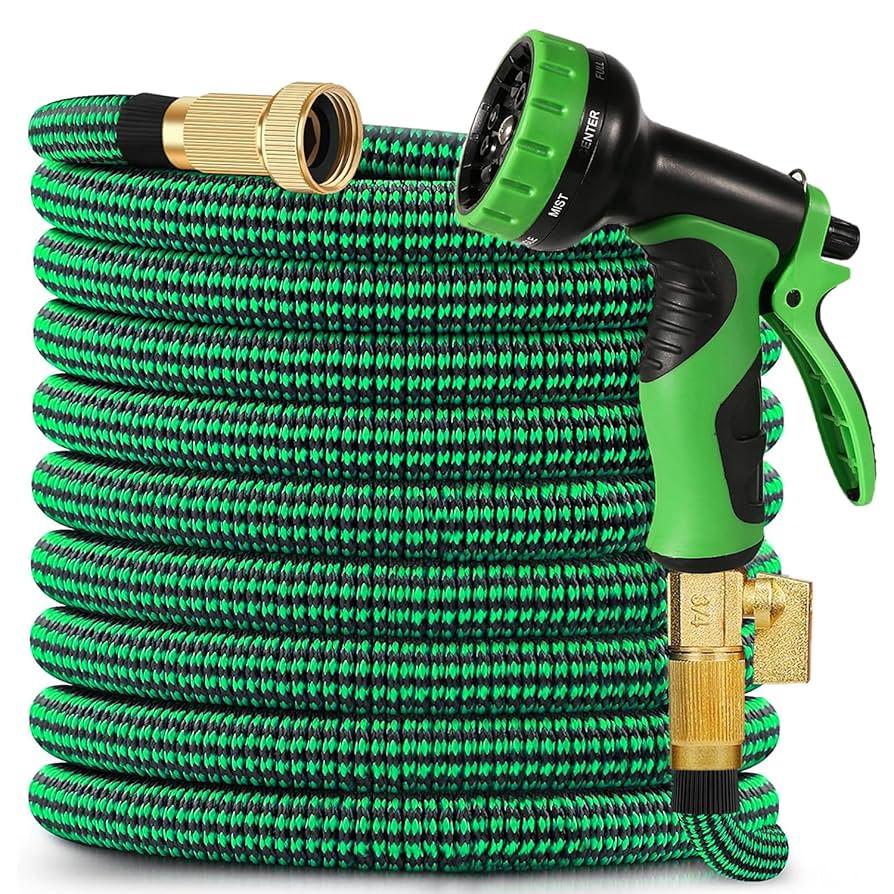 Expandable Garden Hose 50 ft Water Hose with 10 Function Spray Nozzle, Lightweight Flexible Hose with 3/4 Inch Solid Fittings and Solid Brass Fittings, 50ft Retractable Stretch Hose, Black & Green