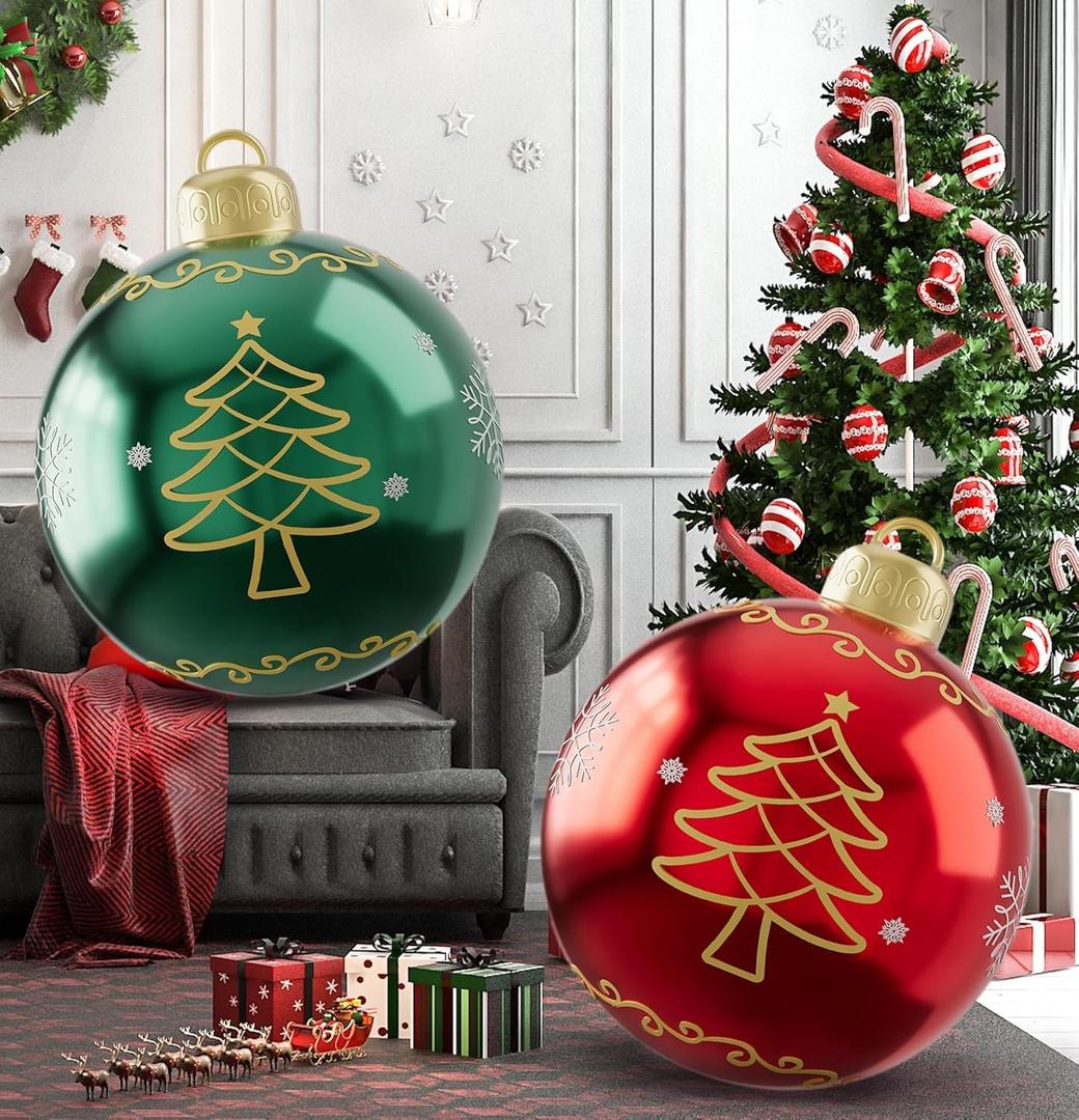 2PCS 24 Inch Inflatable Christmas Ornaments Balls, PVC Giant Blow up Christmas Ornaments, Blow up Jumbo Xmas Balls Outdoor Jumbo Ornament for Outside Holiday Yard Lawn Decor(Red Green Tree)