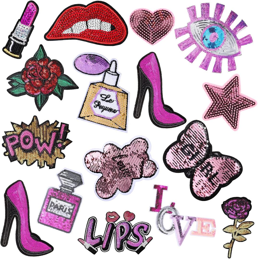 Ysleen 16 Pieces Purple Sequin Iron on Patches DIY Embroidered Patch Sequin Applique Lip Lipstick Patch Decoration Clothing Jeans Bag Sew on Repair for Woman Girl Garment Bag Shoes Caps Decor