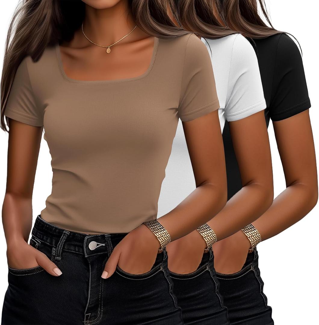 Ficerd 3 Pack Women's Cotton Square Neck Shirts, Short Sleeve Slim Fit Tops Summer Scoop Neck Casual Basic T-Shirts Tee (Medium, Black, White, Brown)