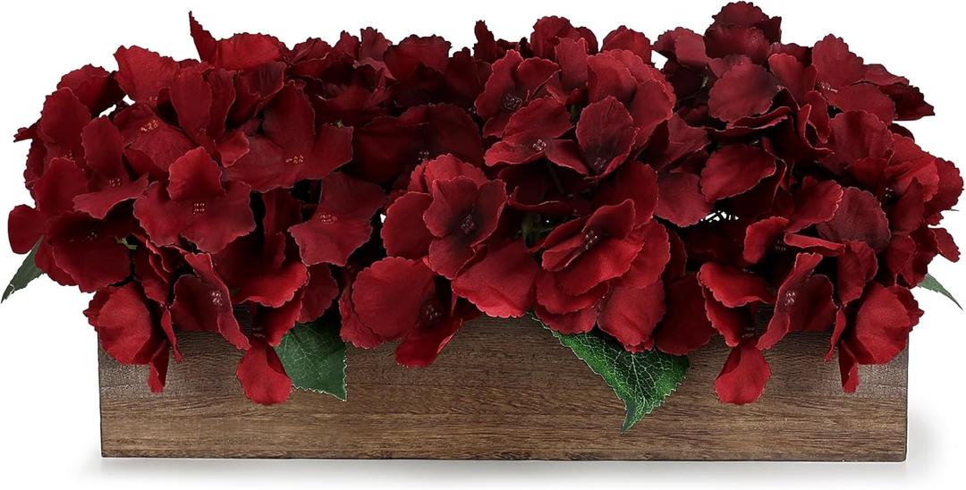 Spring Pre-Made Flower Table Centerpiece, Artificial Hydrangea Arrangements Centerpieces Fake Flowers Decor Wood Tray Faux Flower Wedding Room Kitchen Farmhouse Indoor Office Party(Burgundy)