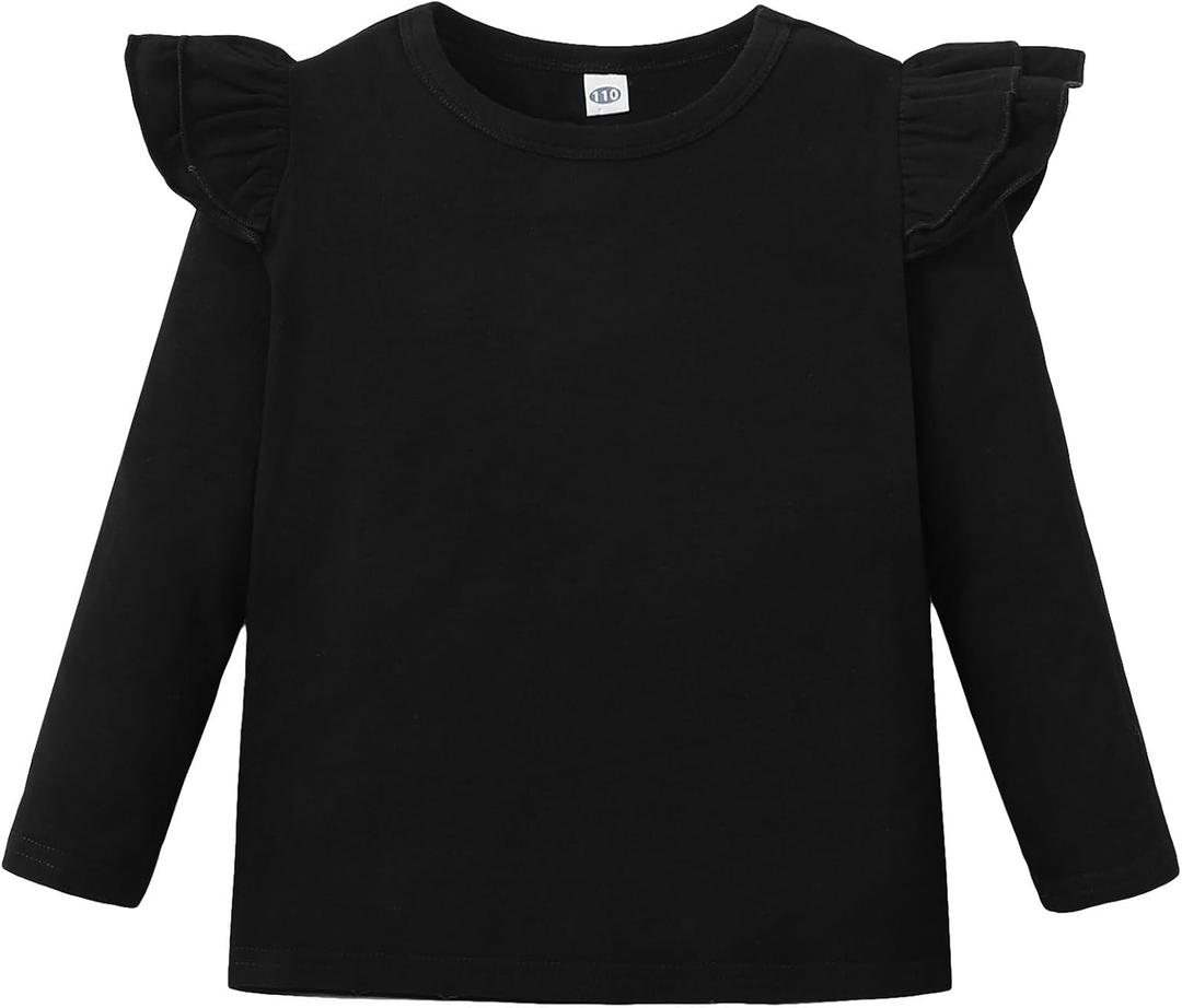 LYSMuch Toddler Baby Girls Long Sleeve Ruffle T Shirt Kids Casual Plain Solid Top Blouse T-Shirt Undershirt (Black),  2-3T