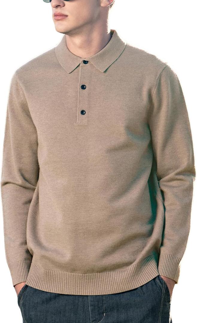 Men's Polo Sweater Fashion Collar Casual Sweater (Brown, XL)
