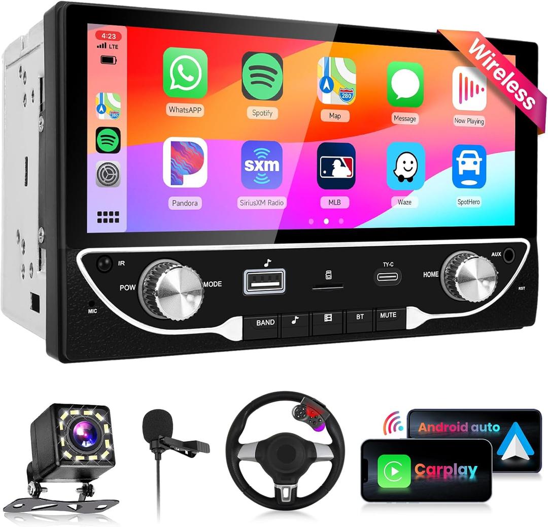 Wireless Car Play Double Din Car Stereo with Wireless Android Auto,PODOFO 6.8inch 1280X480P HD IPS Touchscreen 5.1Bluetooth Car Radio Mirror Link,FM, USB/TF/AUX/USB Type-C Port Backup Camera