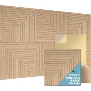 Art3d 6-Pack Self-Adhesive Acoustic Wall Panels for Home Dcor, 24 x 24 Inch Soundproofing Panels for Office Studio Bedroom - High Noise Absorption Polyester Fiber, Wood Grain Airbrush