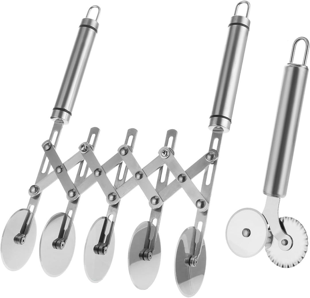 5 Wheel Pastry Cutter with Handle set of 2 Stainless Steel Double cutter Adjustable Pizza Slicer Multi-Round Dough Cutter Roller