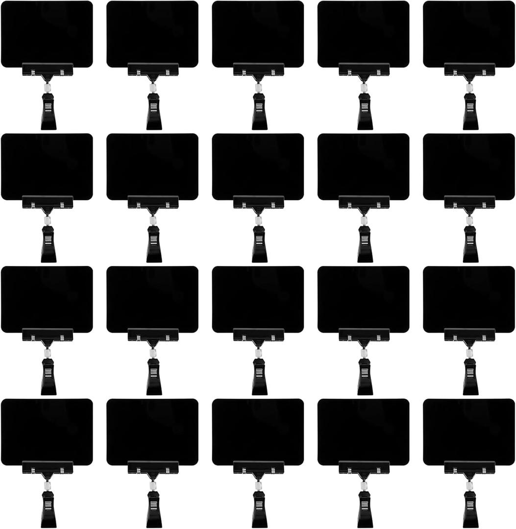 20Pack Mini Chalkboard Signs with Rotatable Clip, Erasable Double Sided Blackboard Clips Plastic Merchandise Sign Display Clip Holder for Food, Store Signs Displays (Black)