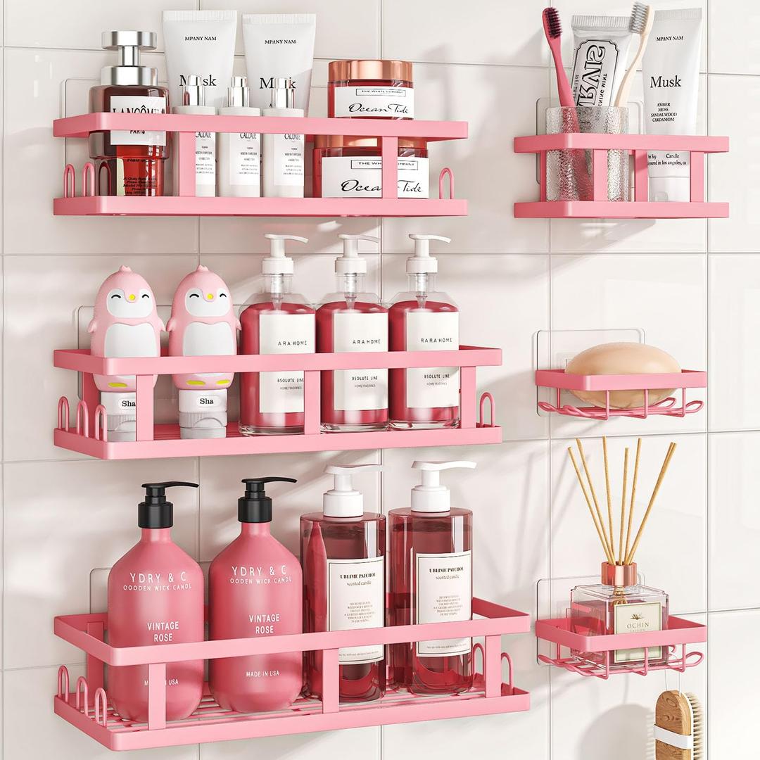 Youvip 6 Pack Shower Caddy, Adhesive Shower Shelves with Soap Holder, No Drilling Rustproof Large Capacity pink bathroom decor accessories, Pink