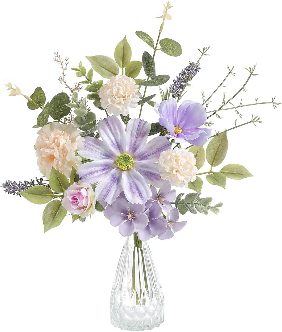 Small Artificial Flowers in Vase - 14.1" Mini Purple Silk Fake Floral Arrangement, Faux Flower Bouquet for Home Decor, Dining/Coffee Table Centerpiece, Office/Bathroom/Farmhouse Decoration