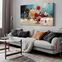 Kepgonegu Floral Wall Art Red Flowers with Teal Background Modern Abstract Artwork for Living Room Bedroom Office Home Canvas Prints 24x48 Inch