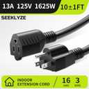 10 FT (2Pack) 13A 1625W 16/3 Black Extension Cord, Indoor Extension Cord for Laptops, Coffee Makers, Office Home Appliances, 3 Prong Resistant Cable Flexible, 125V ETL Listed